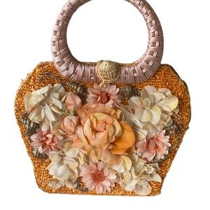 Vintage Floral Top Handle Bag with Shell Accents
